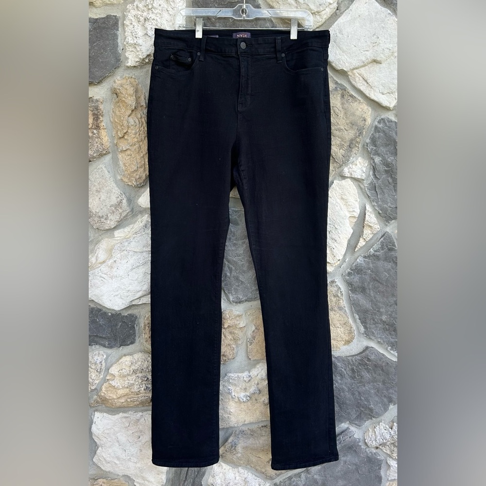 NYDJ Marilyn Straight Jeans 12 LONG Black Denim High Rise Minimalist 35" Inseam